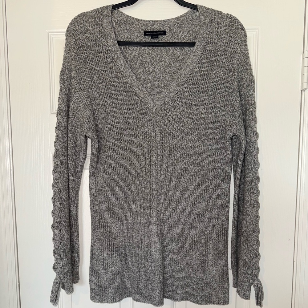 American Eagle Women’s Grey V-Neck Knit Sweater with Braided Sleeve Detail